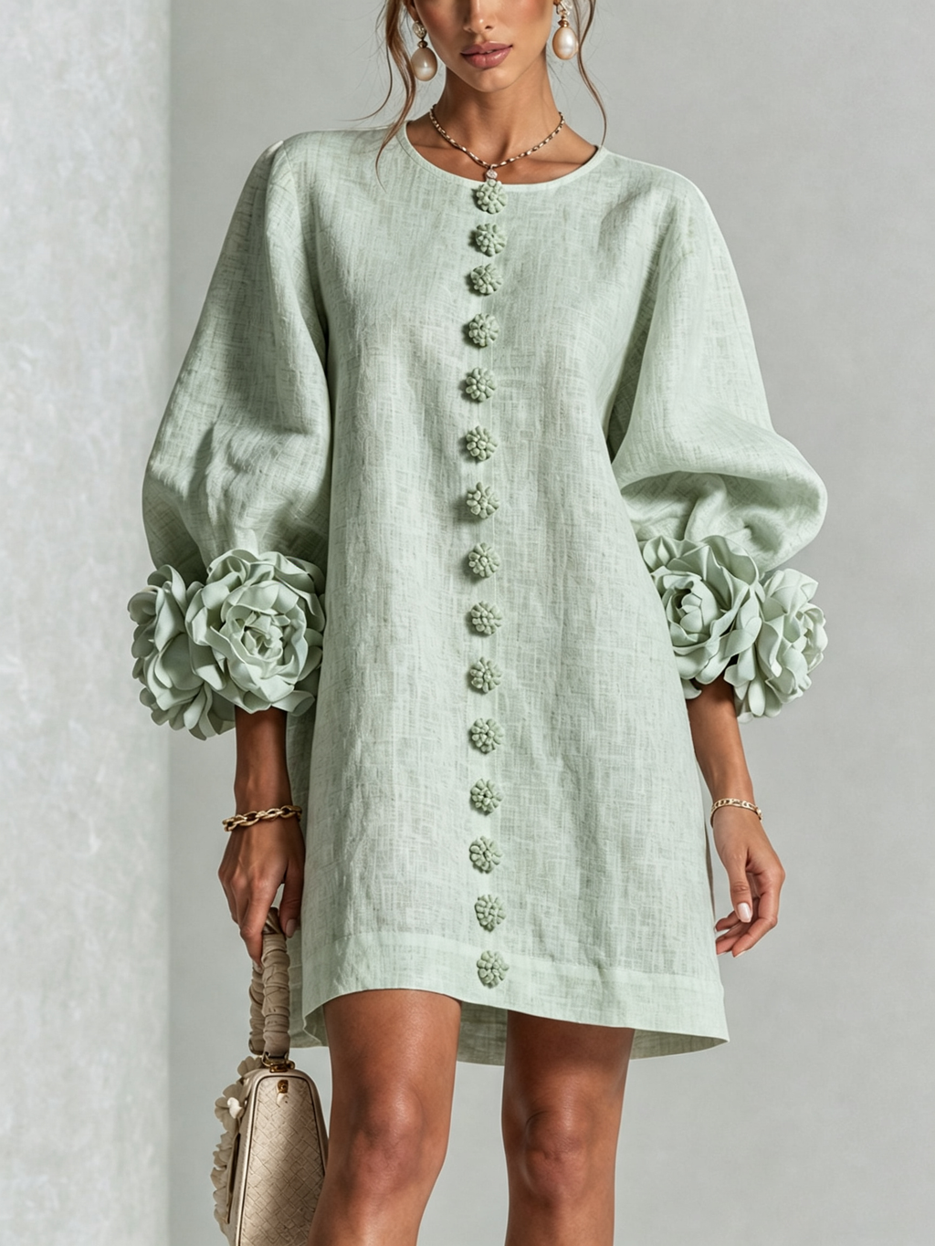 Vestido Mini Blanco con Botones de Flor y Mangas Florales Extravagantes